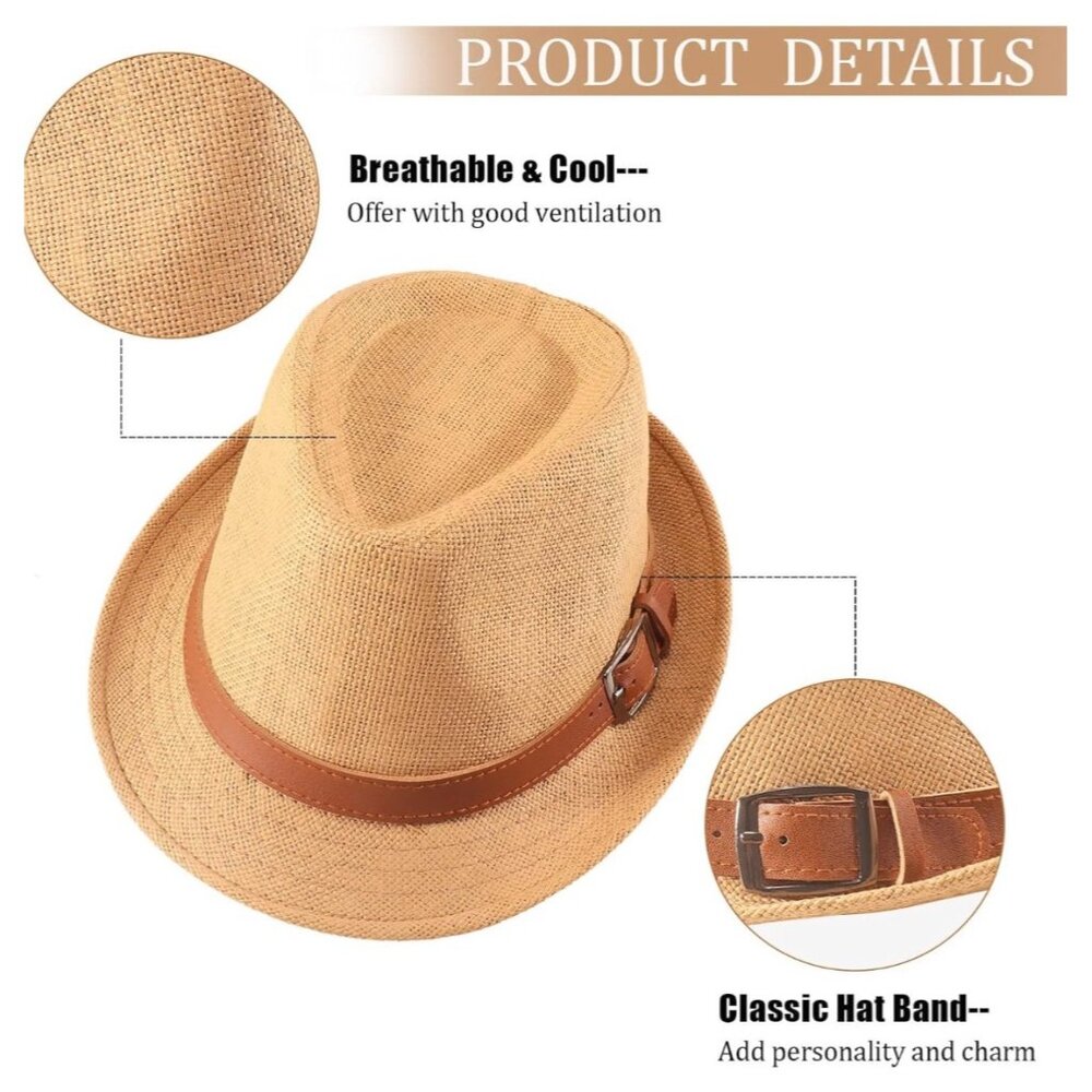 Ultrafun Straw Fedora Hat Classic Manhattan Dark Gray Black Belt Buckle Band Uni - Picture 6 of 13